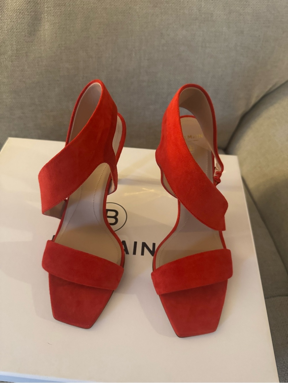 Balmain Red Suede Twist-Strap Heeled Sandals